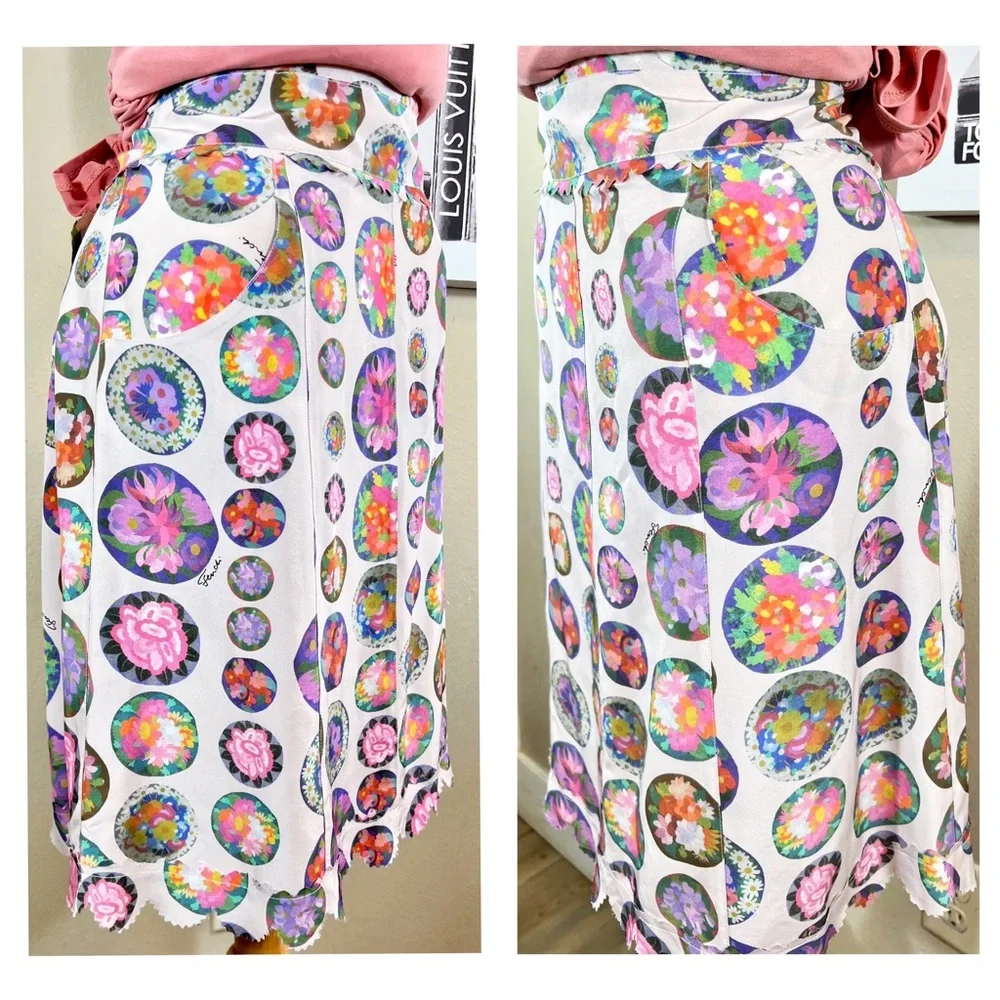 Fendi Colorful 100% Silk Midi Logo Skirt W/ Jagged Trim